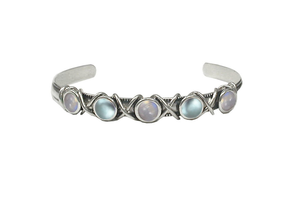 Sterling Silver Cuff Bracelet With Rainbow Moonstone And Blue Topaz